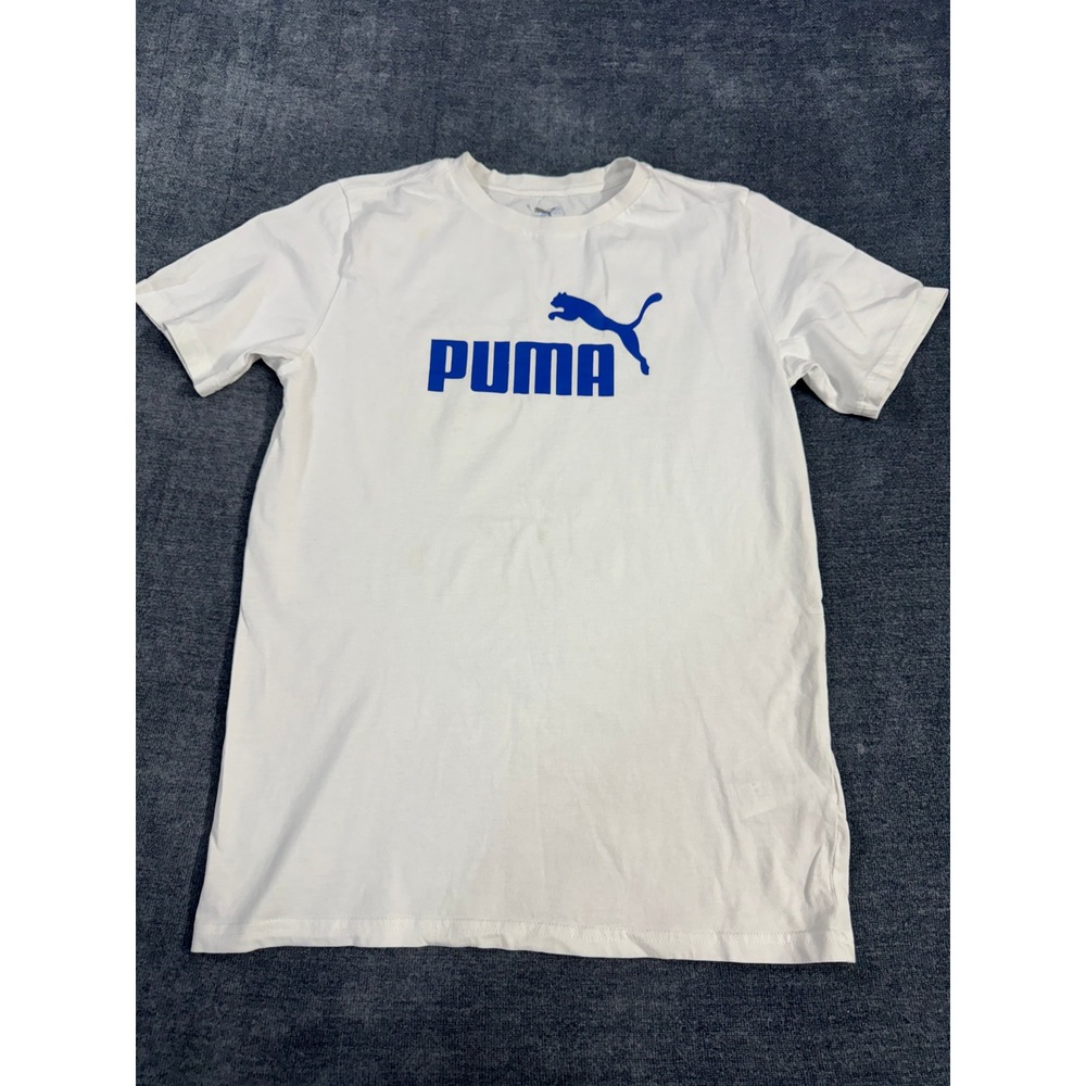 Puma Boys White Short Sleeve Graphic Logo T-Shirt Size XL Blue Big Logo Tee